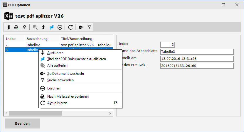 PDF Optionen Excel Splitter - Hauptfenster