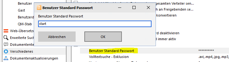 Servereinstellungen - Standard Passwort