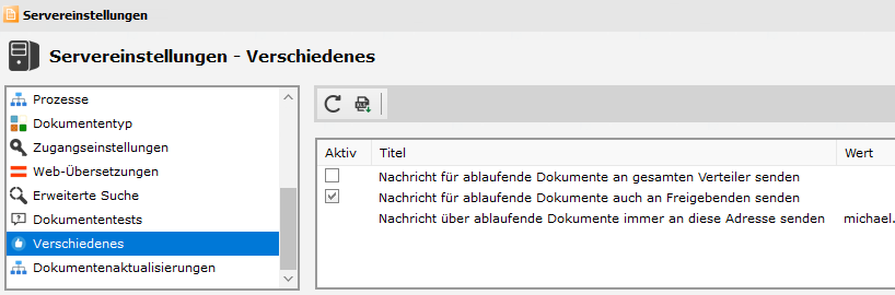 Servereinstellungen - Optionen für Nachricht ablaufende Dokumente