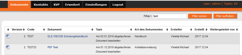 Webinterface - Tasks - Liste