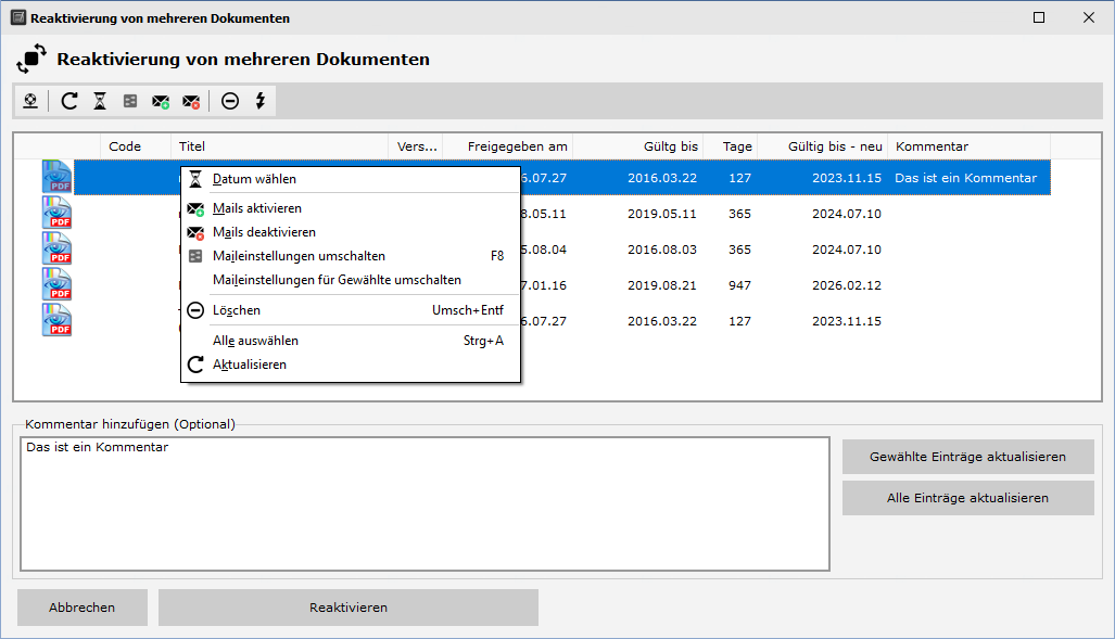 Mehrfachreaktivierung von Dokumenten