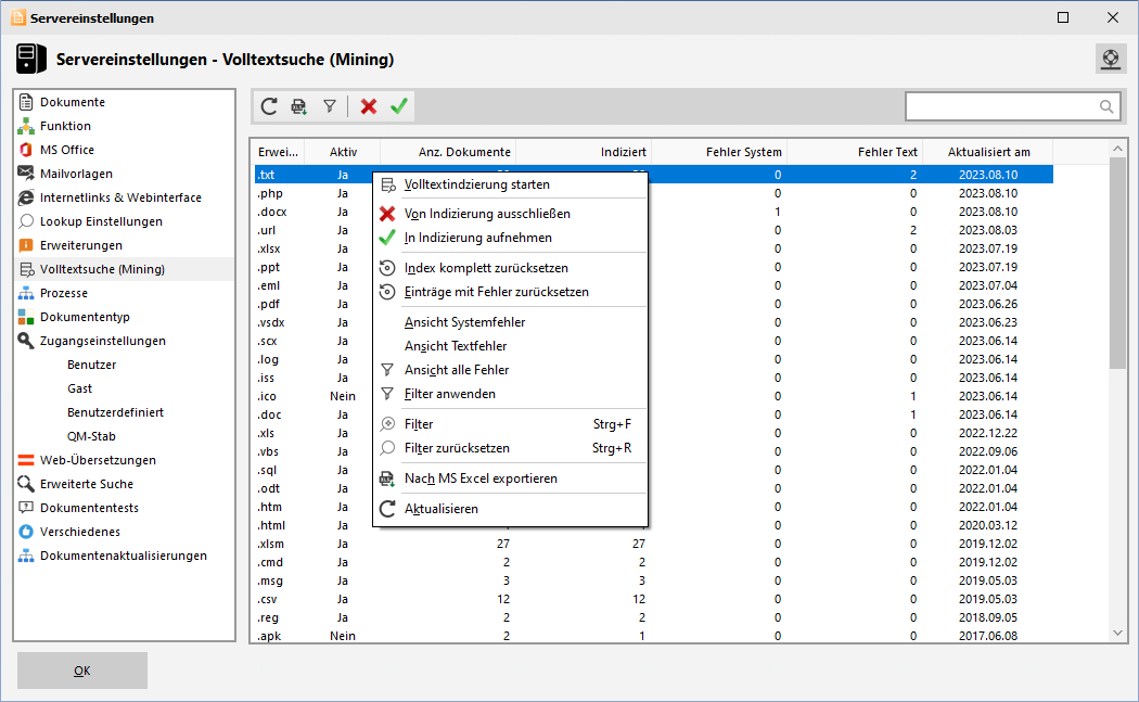 Servereinstellungen - Volltextsuche (Mining)