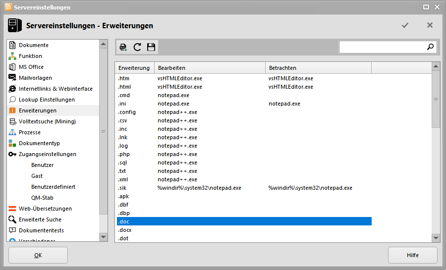 Servereinstellungen - Erweiterungen