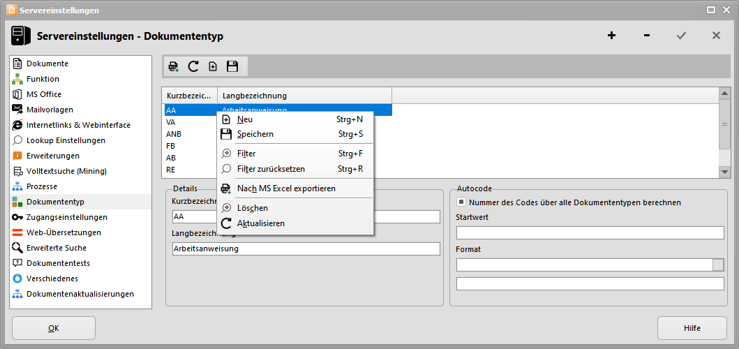 Servereinstellungen - Dokumententyp