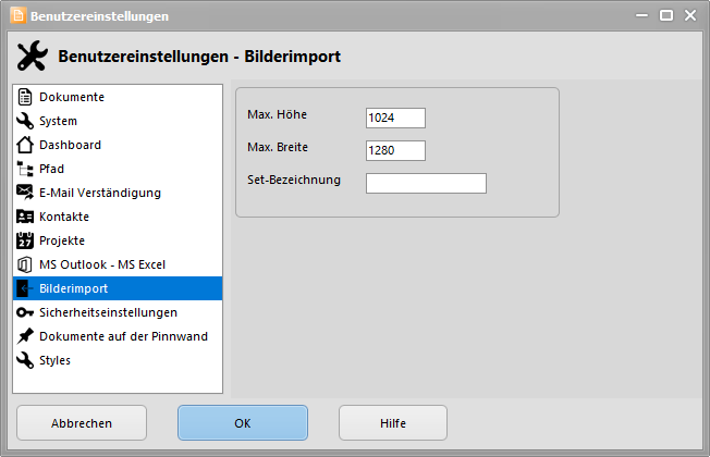 Einstellungen - Bilderimport