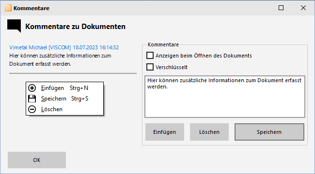 Kommentare zu Dokumenten - Fenster