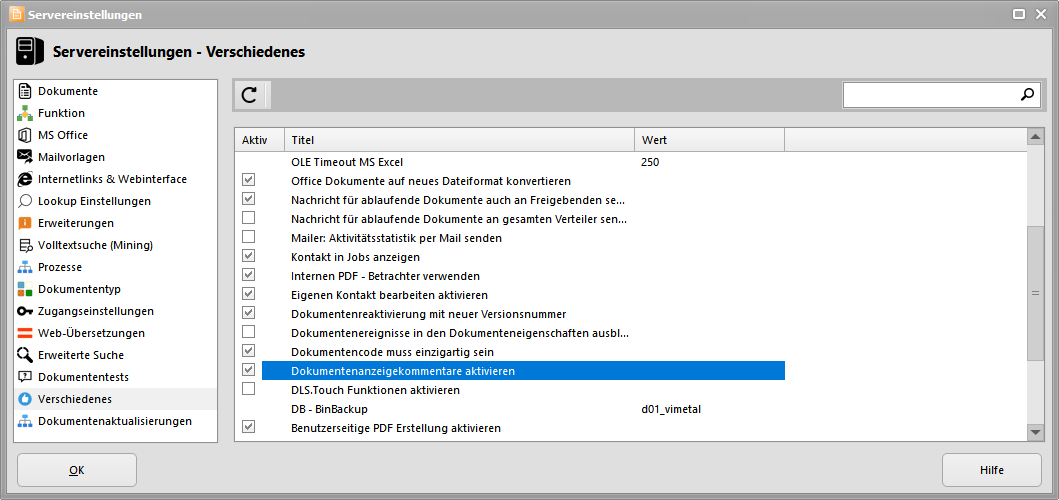 Servereinstellungen - Kommentare zu Dokumenten