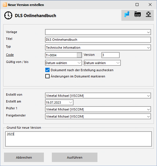 Neue Version erstellen - Fenster