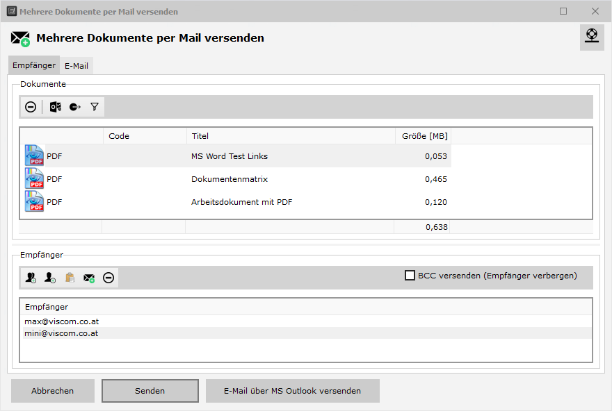 Mehrere Dokumente per Mail versenden - Hauptfenster