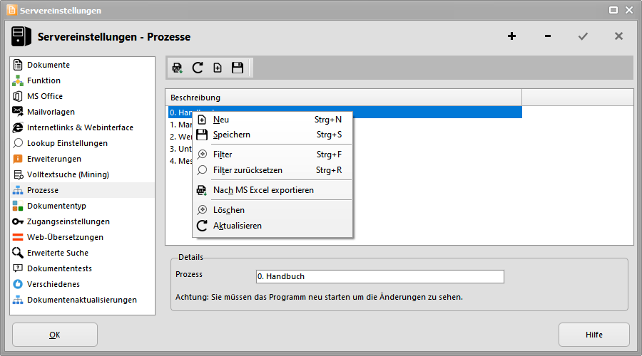 Servereinstellungen - Prozesse verwalten