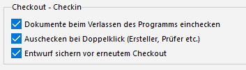 Einstellungen - Dokumente - Checkout - Checkin