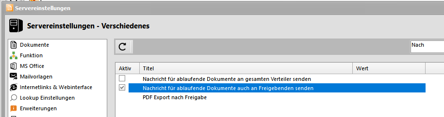 Servereinstellungen - Nachricht fÃ¼r ablaufende Dokumente auch an Freigebenden senden