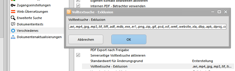 Servereinstellungen - Volltextsuche - Exklusion