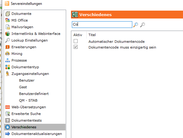 Servereinstellungen - Dokumentencode