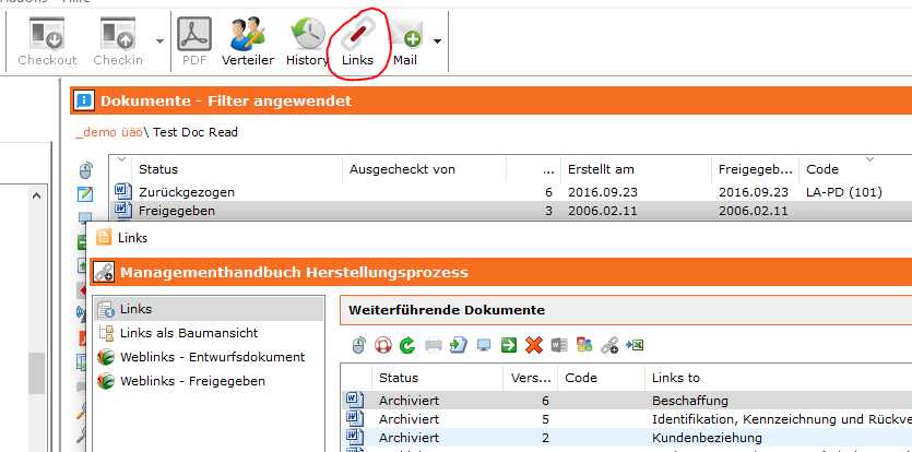 Aufrufen der Links