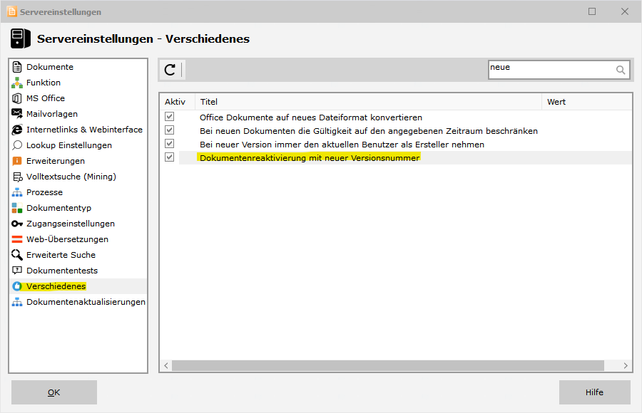 Dokument reaktivieren - Servereinstellungen