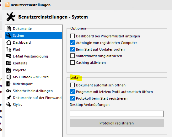 Usereinstellungen - Links