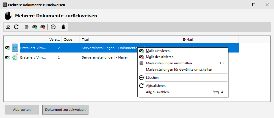 Mehrere Dokumente zurÃ¼ckweisen