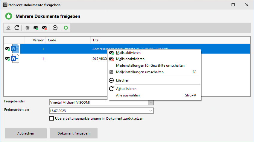 Mehrere Dokumente freigeben