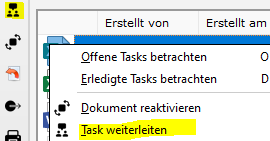 Task weiterleiten Menu