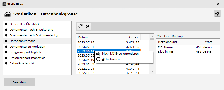 Statistiken - Datenbankgroesse