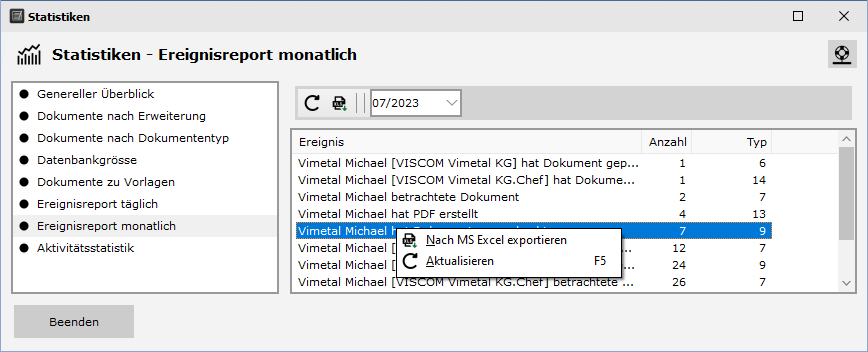 Statistiken - Ereignisreport monatlich