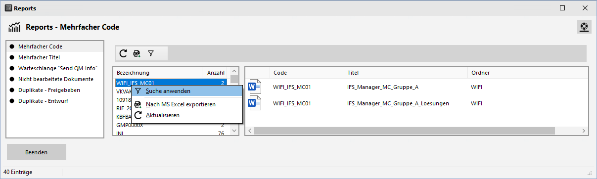 Reports - Mehrfacher Code