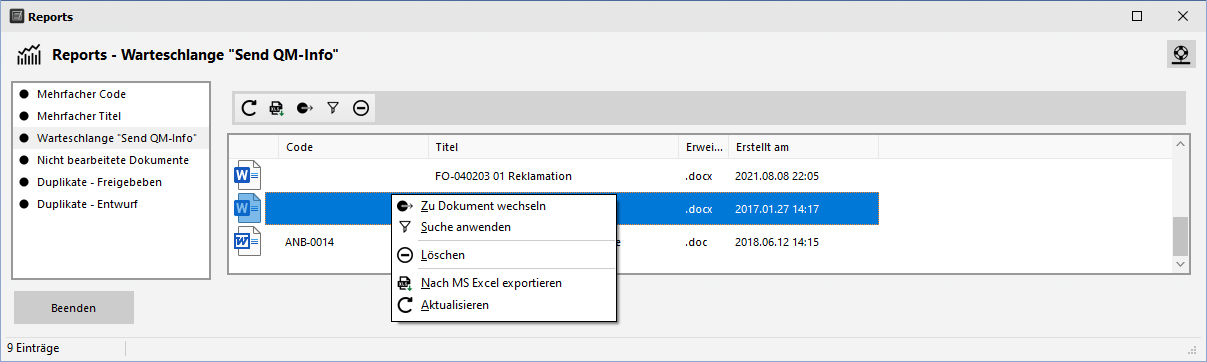 Reports - Warteschlange Send QM Info