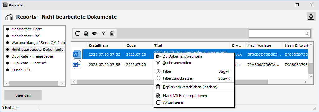 Reports - Nicht bearbeitete Dokumente