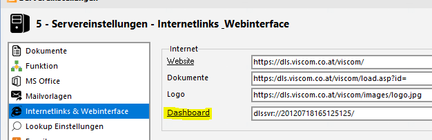 Servereinstellungen - Dashboard - Startseite