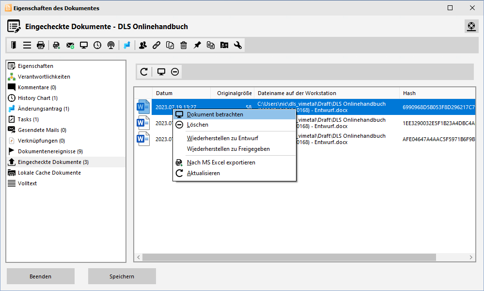 Dokumenteneigenschaften - Eingecheckte Dokumente