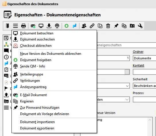 Dokumenteneigenschaften - MenÃ¼ und Biuttons