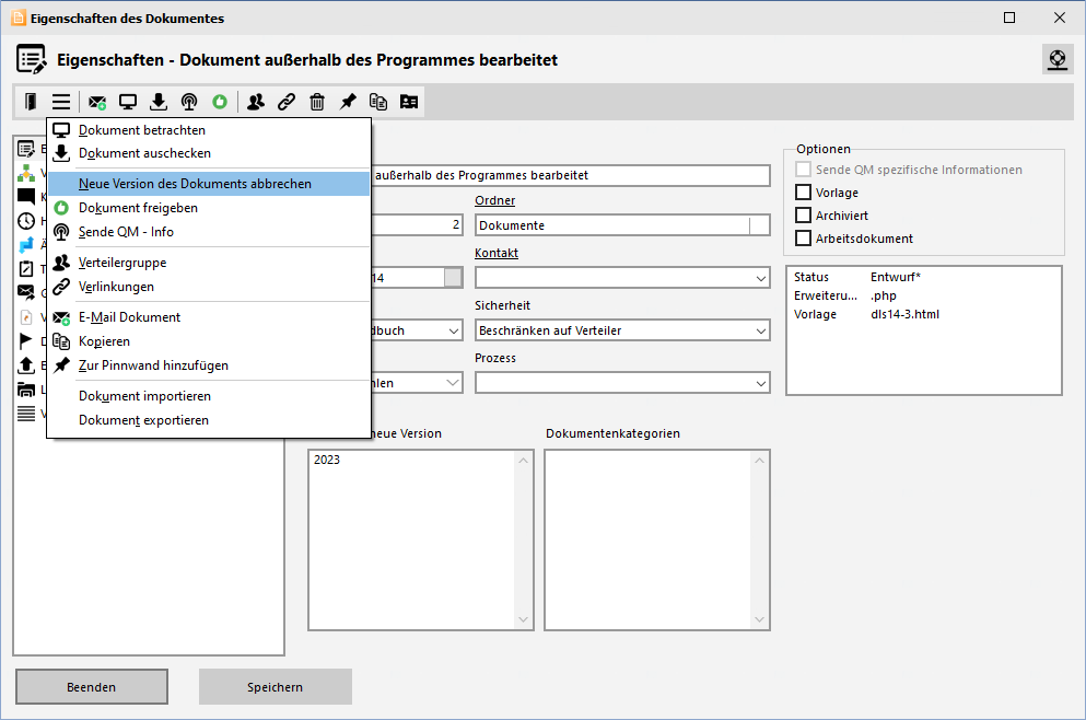 Neue Version abbrechen - Dokumenteneigenschaften