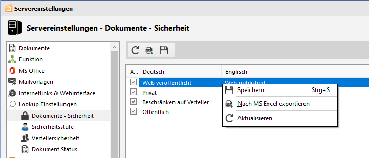 Servereinstellungen - Dokument Sicherheit