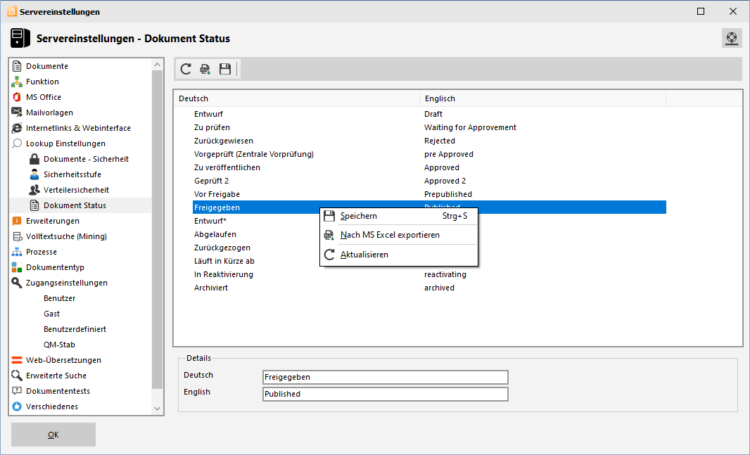Servereinstellungen - Dokument Status