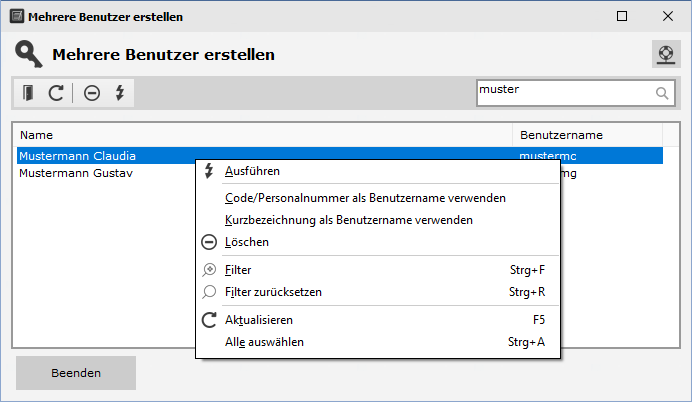 Mehrere Benutzer erstellen - Maske