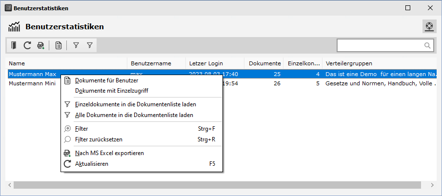 Benutzerstatisiken - Fenster