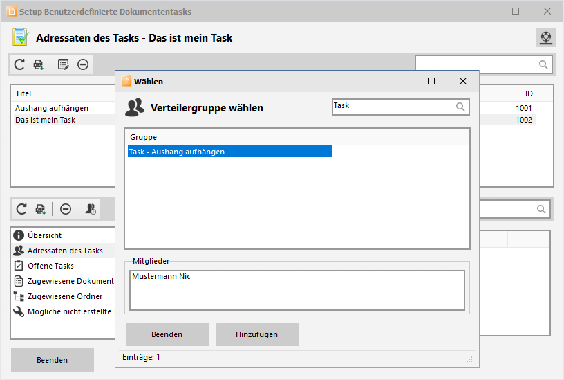Benutzer definierte Dokumententasks - Adressaten