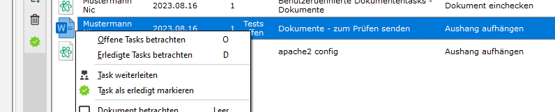 Benutzerdefinierte Dokumententasks - Taskliste