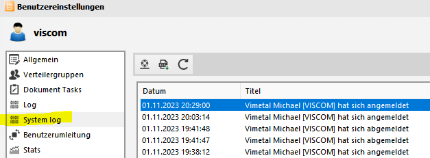 Benutzereinstellungen - System Log