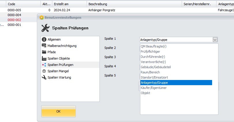 Einstellungen - Spalten PrÃ¼fungen