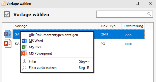 Neues Dokument - Vorlage wÃ¤hlen - Filter