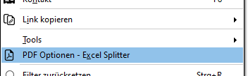 PDF Optionen Excel Splitter - Popup