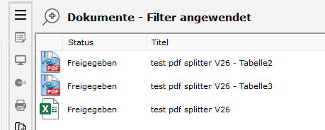 PDF Optionen Excel Splitter - Dokumentenliste